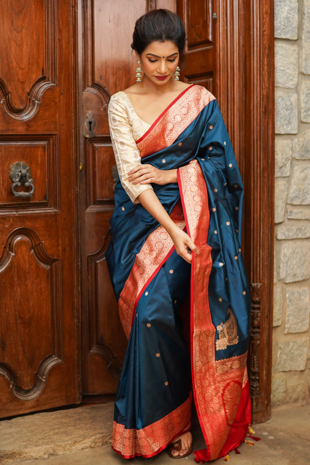 red pure katan silk saree with brocade blouse Design by Neha & Tarun at  Modvey | Modvey